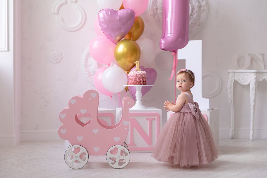 Baby,Girl,Birthday,Stroller,Balls,Pink,Cake,Pie,Cream,Fun
